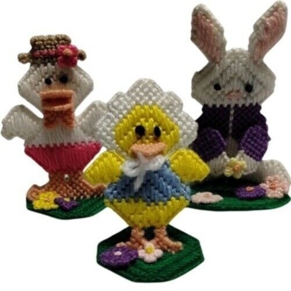 Handmade Plastic Canvas Easter Figurines Set of 3 Bunny Chick Duck Spring Decor